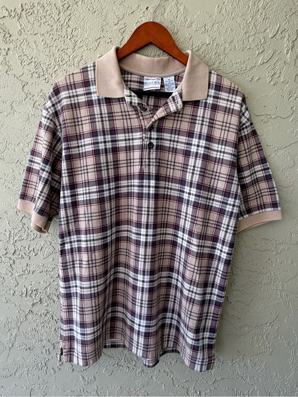 Bugle Boy Plaid Polo Shirt Beige Burgundy Medium